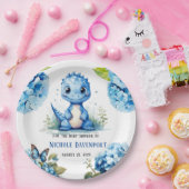 Schattigee Blauwe Dinosaurus met Bloemen Jongen Ba Papieren Bordje (Feest)