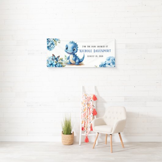 Schattigee Blauwe Dinosaurus met Bloemen Jongen Ba Spandoek (Insitu)