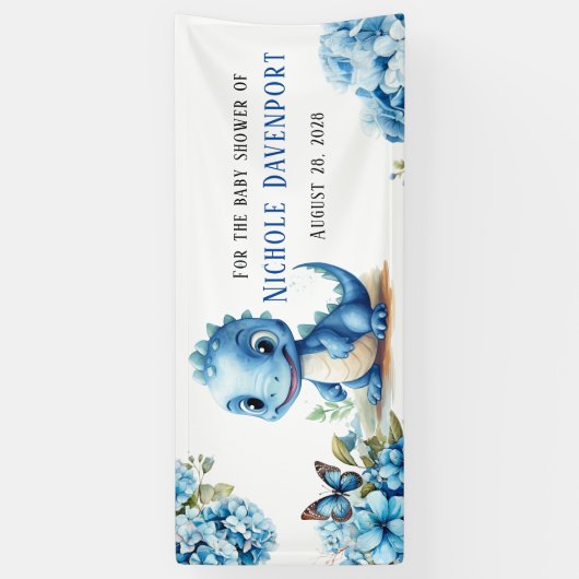 Schattigee Blauwe Dinosaurus met Bloemen Jongen Ba Spandoek (Verticaal)