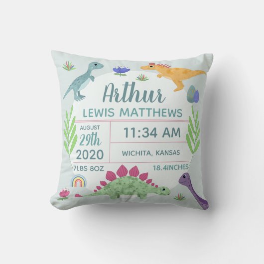 Schattigee Blauwe Dinosaurus Naam Baby Jongen Gebo Kussen (Voorkant)