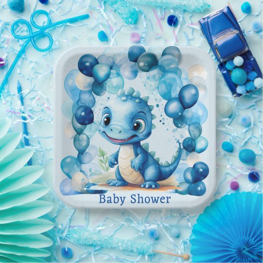 Schattigee Blauwe Dinosaurusballonnen Jongen Baby  Papieren Bordje (Feest)