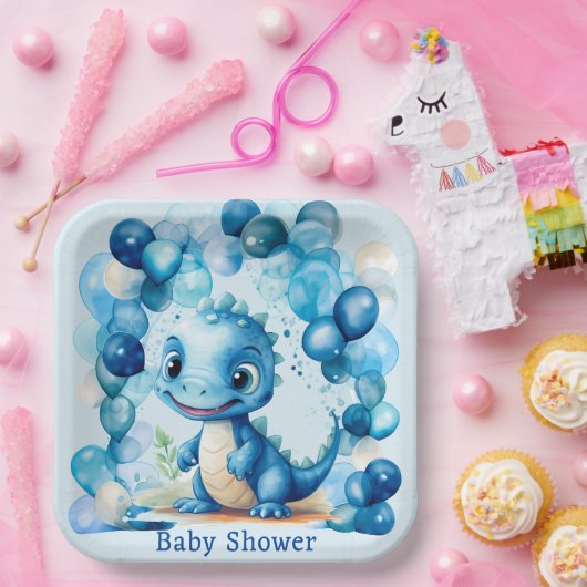 Schattigee Blauwe Dinosaurusballonnen Jongen Baby Papieren Bordje (Feest)