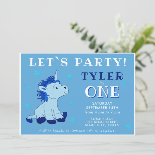 Schattigee Blauwe Eenhoorn 1e Verjaardagsfeest Kaart (Staand voorkant)