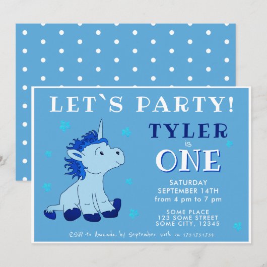Schattigee Blauwe Eenhoorn 1e Verjaardagsfeest Kaart (Voorkant / Achterkant)