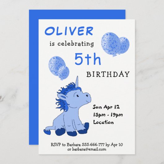 Schattigee Blauwe Eenhoorn Ballonnen Verjaardagsfe Kaart (Voorkant / Achterkant)