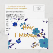 Schattigee Blauwe en Gouden Bloemen Nieuw Adres Aankondigingskaart (Voorkant / Achterkant)