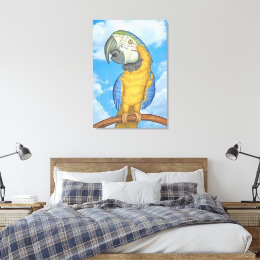 Schattigee Blauwe en Gouden Macaw Papegaai Canvas Afdruk (Insitu (Slaapkamer))