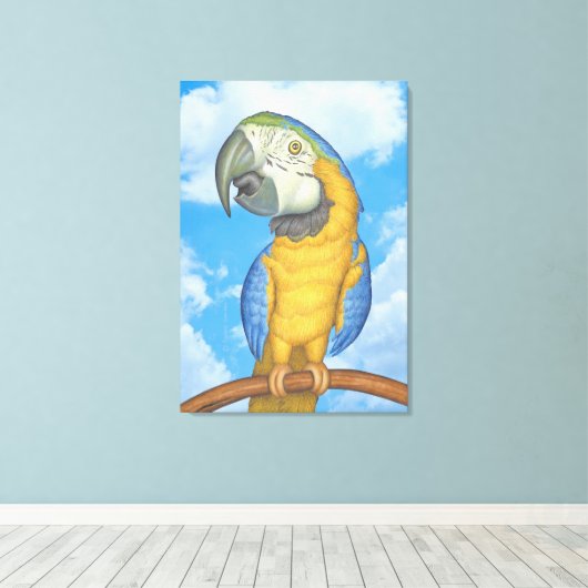 Schattigee Blauwe en Gouden Macaw Papegaai Canvas Afdruk (Insitu (Houten vloer))