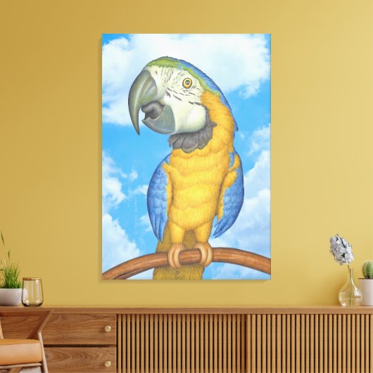 Schattigee Blauwe en Gouden Macaw Papegaai Canvas Afdruk (Insitu (Woonkamer))