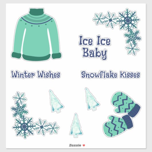 Schattigee Blauwe en Groene Winter Sticker (Vel)