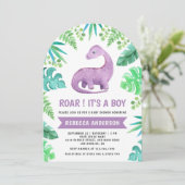 Schattigee Blauwe en Paarse Dinosaurus Boog Baby s Kaart (Staand voorkant)