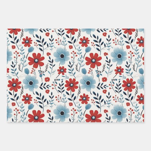 Schattigee  Blauwe en Rode Bloemen Inpakpapier Vel (Voorkant 3)