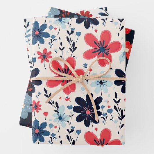 Schattigee  Blauwe en Rode Bloemen Inpakpapier Vel (In situ)