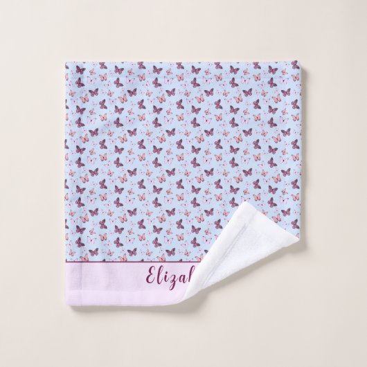 Schattigee Blauwe en Roze Vlinder Custom Name Girl Bad Handdoek (Wasdoekje)