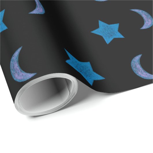 Schattigee Blauwe en Zwarte Moons en Sterren Cadeaupapier (Rol Hoek)