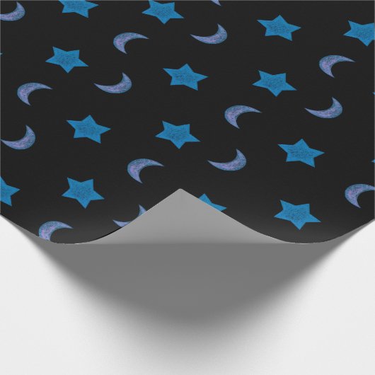 Schattigee Blauwe en Zwarte Moons en Sterren Cadeaupapier (Hoek)
