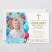 Schattigee Blauwe Fotojongen 1e Verjaardagsdoop Kaart (Voorkant)