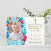 Schattigee Blauwe Fotojongen 1e Verjaardagsdoop Kaart (Staand voorkant)