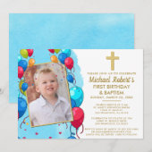 Schattigee Blauwe Fotojongen 1e Verjaardagsdoop Kaart (Voorkant / Achterkant)