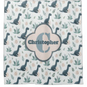 Schattigee Blauwe Groene Dinosaurus met Bladgroen  Douchegordijn (Voorkant)