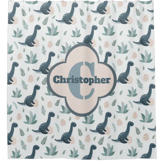 Schattigee Blauwe Groene Dinosaurus met Bladgroen Douchegordijn (Voorkant)