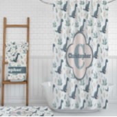 Schattigee Blauwe Groene Dinosaurus met Bladgroen Douchegordijn