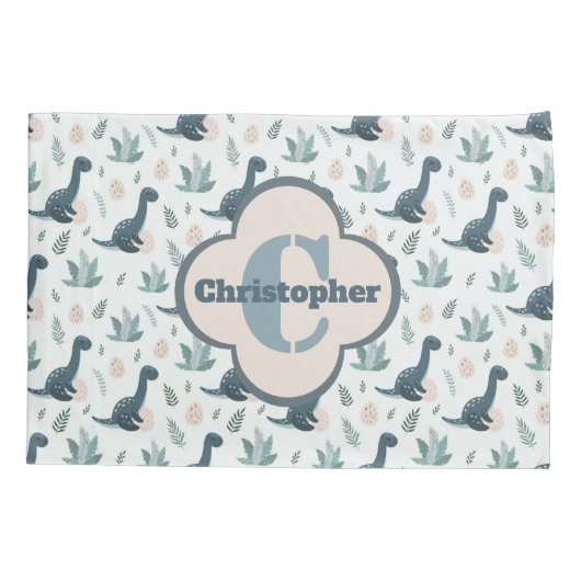 Schattigee Blauwe Groene Dinosaurus met Monogram e Kussensloop (Achterkant)