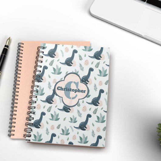 Schattigee Blauwe Groene Dinosaurus met Monogram e Notitieboek