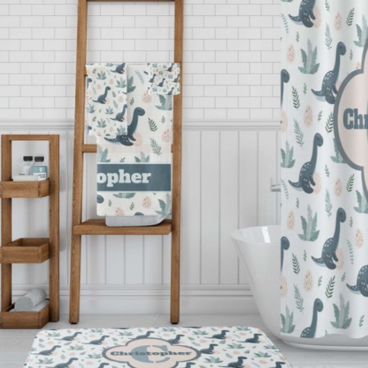 Schattigee Blauwe Groene Dinosaurus met Naam Bad Handdoek