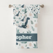 Schattigee Blauwe Groene Dinosaurus met Naam Bad Handdoek (Insitu)