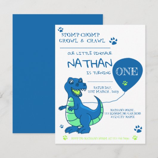 Schattigee Blauwe Groene Dinosaurus Theme Verjaard Uitnodiging Briefkaart (Voorkant / Achterkant)