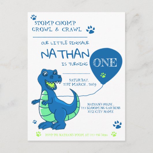 Schattigee Blauwe Groene Dinosaurus Theme Verjaard Uitnodiging Briefkaart (Voorkant)