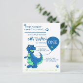 Schattigee Blauwe Groene Dinosaurus Theme Verjaard Uitnodiging Briefkaart (Staand voorkant)