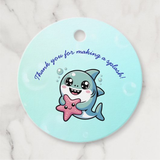 Schattigee blauwe haai en roze zeester Baby shower Bedankjes Labels (Voorkant)