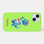 Schattigee blauwe karate dinosaurus iPhone 15 case (Achterkant horizontaal)