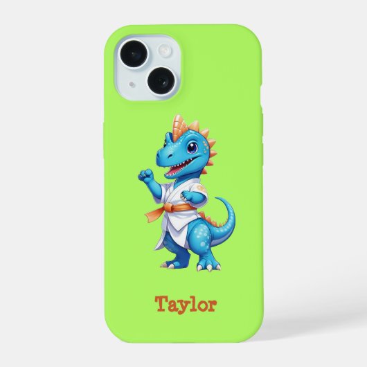 Schattigee blauwe karate dinosaurus iPhone 15 case (Achterkant)