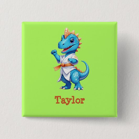 Schattigee blauwe karate dinosaurus vierkante button 5,1 cm (Voorkant)