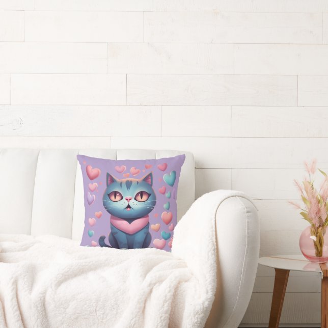 Schattigee blauwe kat met hartenhoodie | Kawaii Va Kussen (Bank)