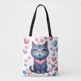 Schattigee blauwe kat met hartenhoodie | Kawaii Va Tote Bag
