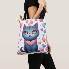 Schattigee blauwe kat met hartenhoodie | Kawaii Va Tote Bag