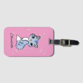 Schattigee blauwe kat op roze aangepaste naam bagagelabel (Voorkant (horizontaal))