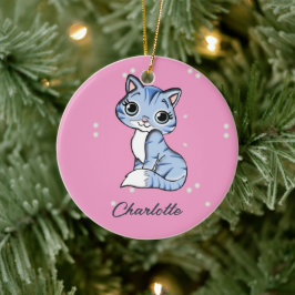 Schattigee blauwe kat op roze aangepaste naam keramisch ornament