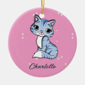 Schattigee blauwe kat op roze aangepaste naam keramisch ornament (Voorkant)