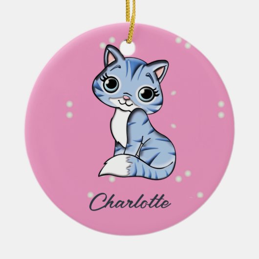 Schattigee blauwe kat op roze aangepaste naam keramisch ornament (Voorkant)
