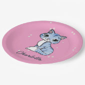 Schattigee blauwe kat op roze aangepaste naam papieren bordje (Gekanteld)