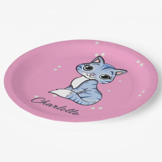 Schattigee blauwe kat op roze aangepaste naam papieren bordje (Gekanteld)