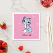 Schattigee blauwe kat op roze aangepaste naam servet (Insitu)