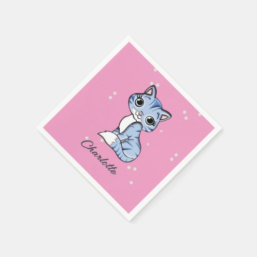 Schattigee blauwe kat op roze aangepaste naam servet (Hoek)