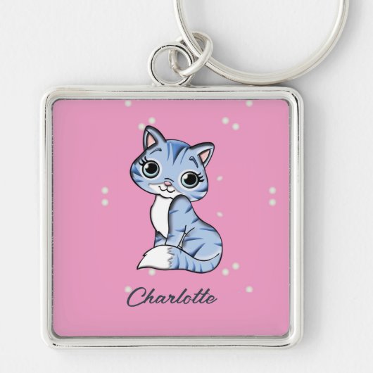 Schattigee blauwe kat op roze aangepaste naam sleutelhanger (Voorkant)