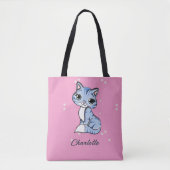 Schattigee blauwe kat op roze aangepaste naam tote bag (Voorkant)
